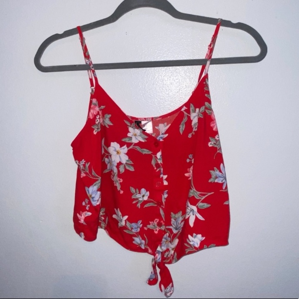 Red Floral Front-Tie Button-Up Tanktop